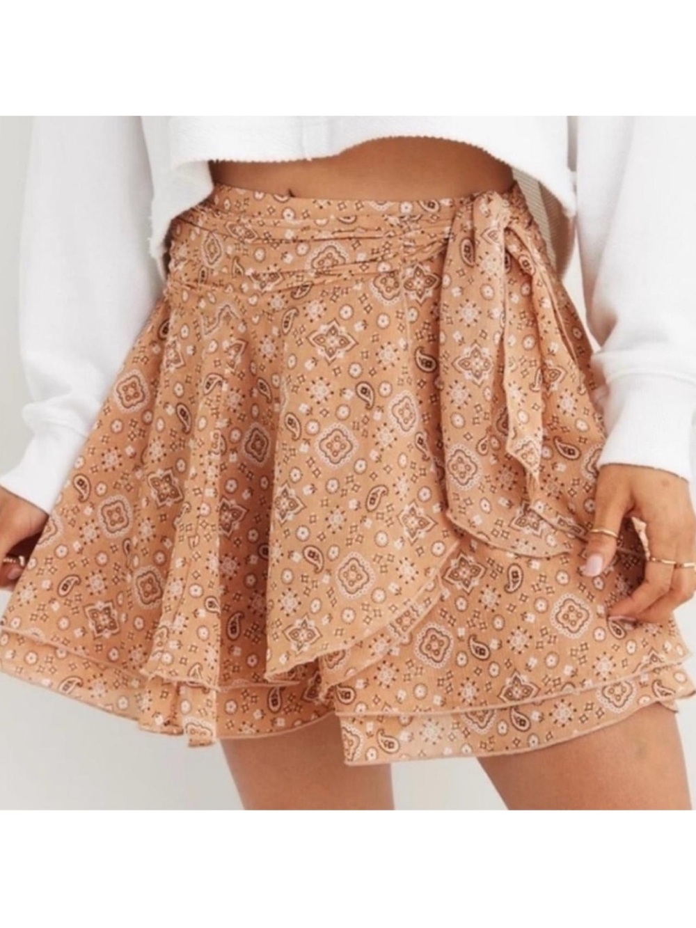 aerie Tan Paisley Wrap Mini Skirt